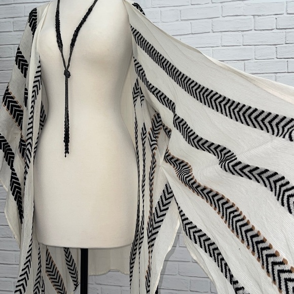 Light Airy Cream Colored Open Kimono with Black & Brown Embroidery (One Size) - Picture 5 of 7